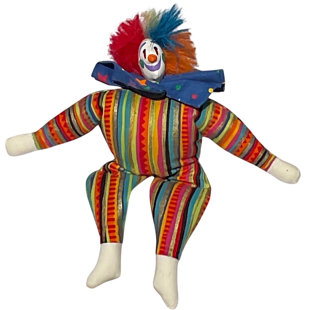 Vintage Handmade Fabric Bean Bag Clown Doll with Striped Outfit 10"